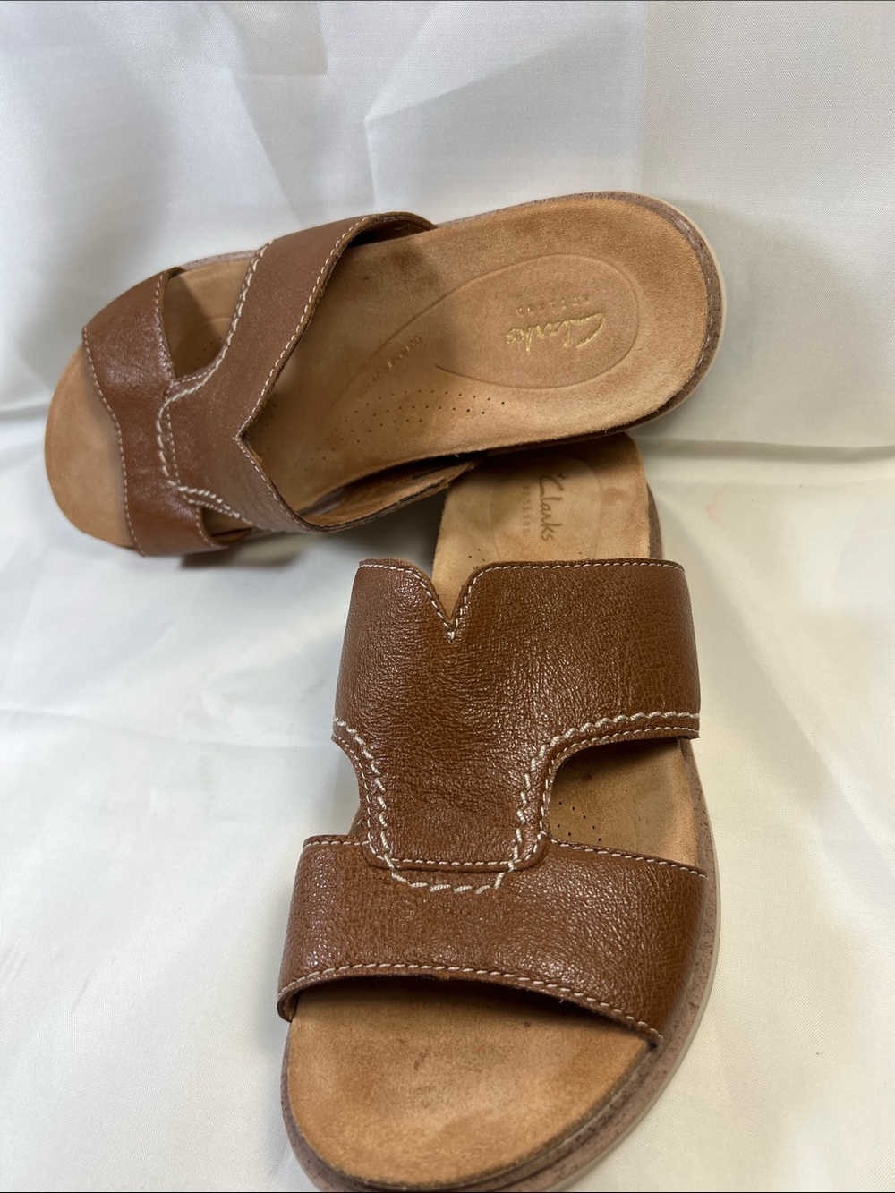 Clarks Brown Leather Slide Sandals with Double-Strap Design